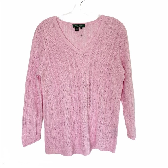 RALPH LAUREN Pink 100% Linen Cable open knit Sweater Size PL - Picture 3 of 11